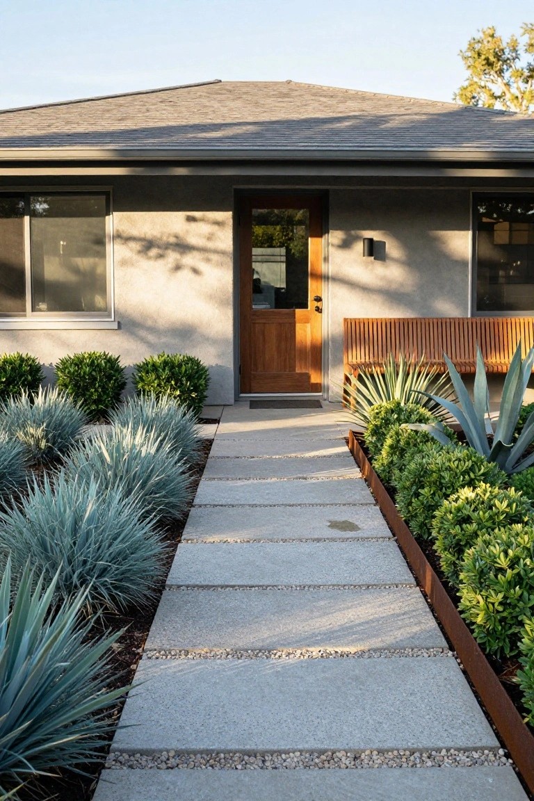 Front exterior of a stucco mid-century modern house featuring a wooden door, flanked windows, concrete paver pathway with gravel joints, metal edging, agave and senecio plantings, and boxwood hedges.