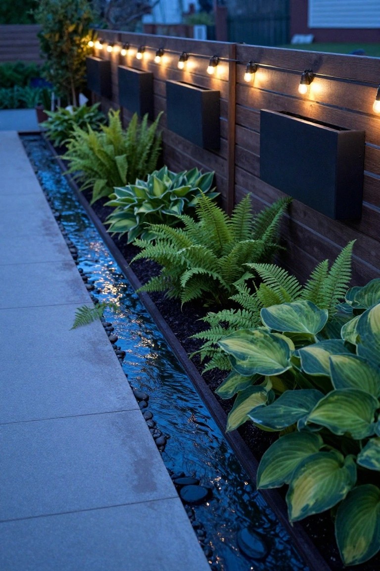 Narrow water channel with flowing water over pebbles beside a concrete path, bordered by ferns, hostas, and wooden fence panels with integrated boxes and string lights at dusk.