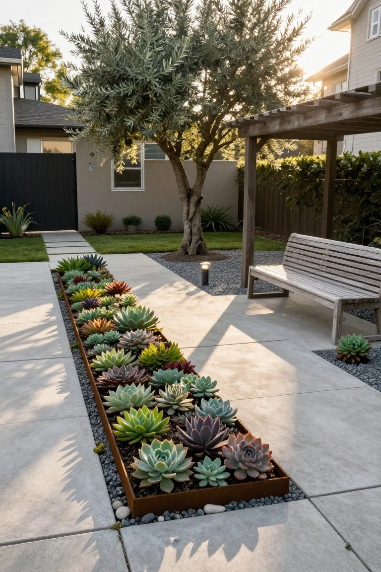 A concrete pathway in a backyard bordered by a long rectangular rusted metal planter box filled with various colorful succulents, with a wooden bench, gravel, and olive tree nearby.