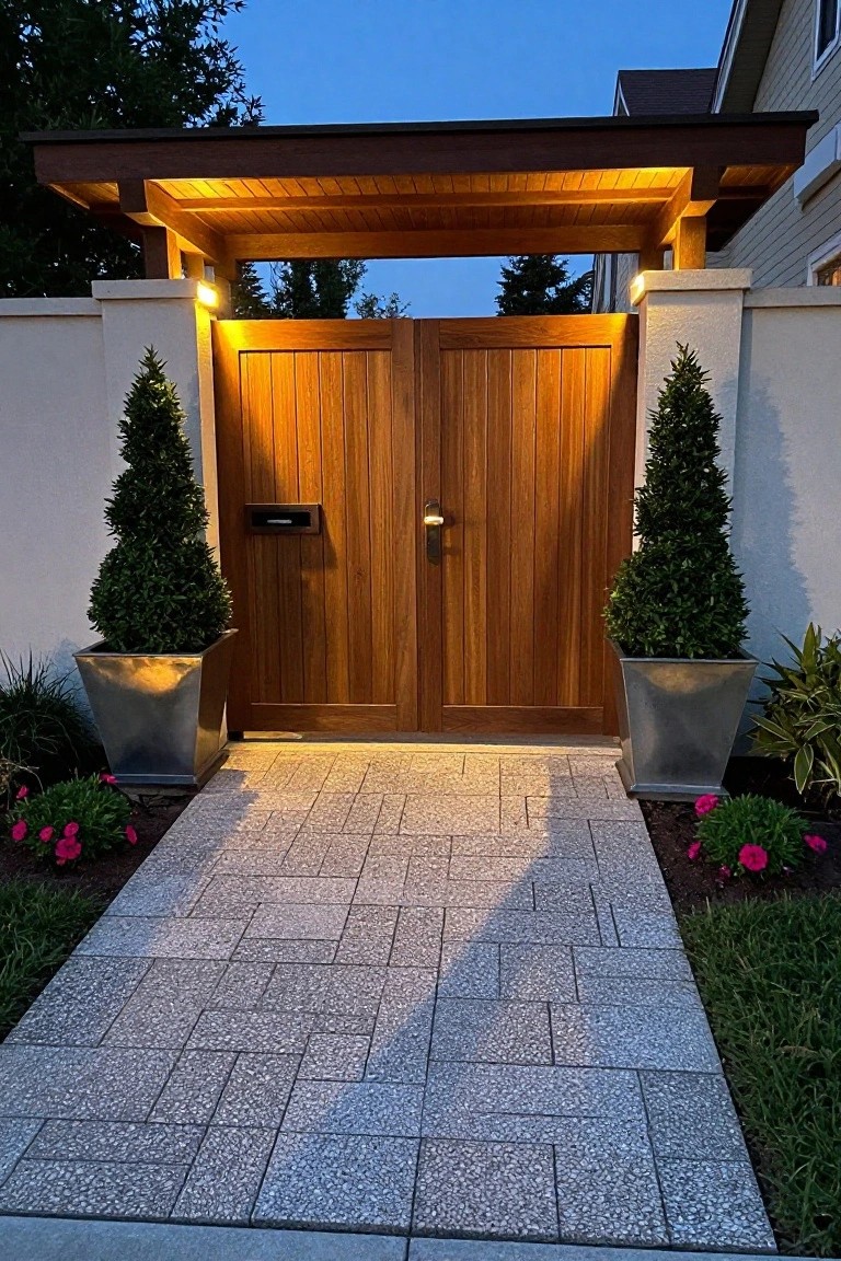 Dusk photo of a lit wooden double gate set in white stucco pillars, flanked by tall conical topiary shrubs in tall silver metal pots, with a pebbled pathway leading forward and pink flowers along the edges.