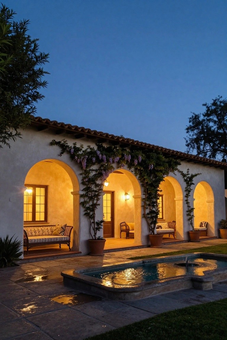 White stucco hacienda house exterior at dusk with terracotta tile roof, three vine-covered arches forming a loggia containing wicker benches and chairs, potted plants, lit lanterns, and a glowing fountain on wet tiled patio near grass and trees.