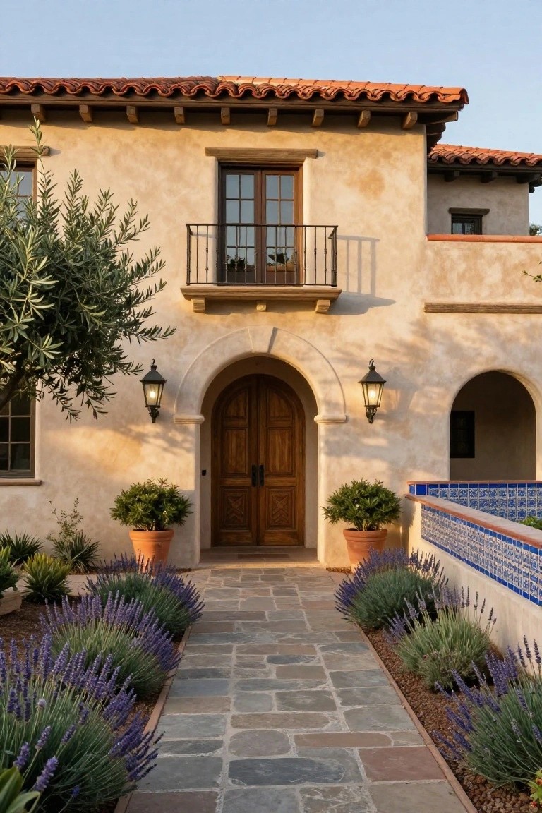 Beige stucco hacienda house exterior featuring a terracotta tile roof, second-story balcony with iron railing, arched wooden double doors with lanterns, stone pathway lined with lavender plants and potted greenery, olive tree, and blue tiled wall section.