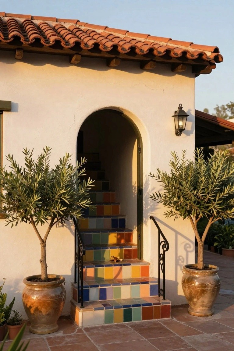 White stucco hacienda exterior with arched green doorway, multicolored tiled steps, wrought iron railing, potted olive trees in terracotta pots, wall lantern, and red tile roof edge.