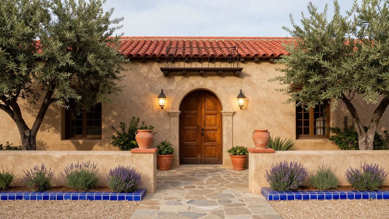Beige stucco hacienda house exterior featuring a terracotta tile roof, second-story balcony with iron railing, arched wooden double doors with lanterns, stone pathway lined with lavender plants and potted greenery, olive tree, and blue tiled wall section.