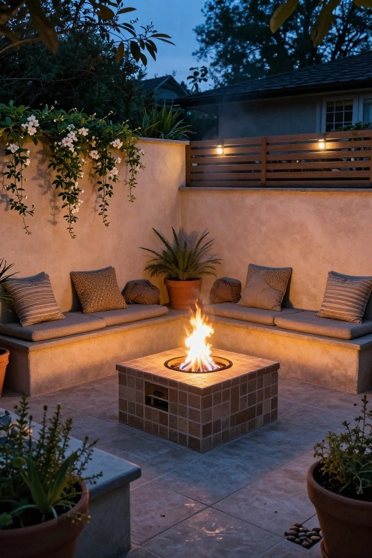 Square tiled fire pit centered in a stucco-walled outdoor courtyard with built-in cushioned benches on two sides, potted plants, hanging vines, wooden fence with lights, and greenery at dusk.