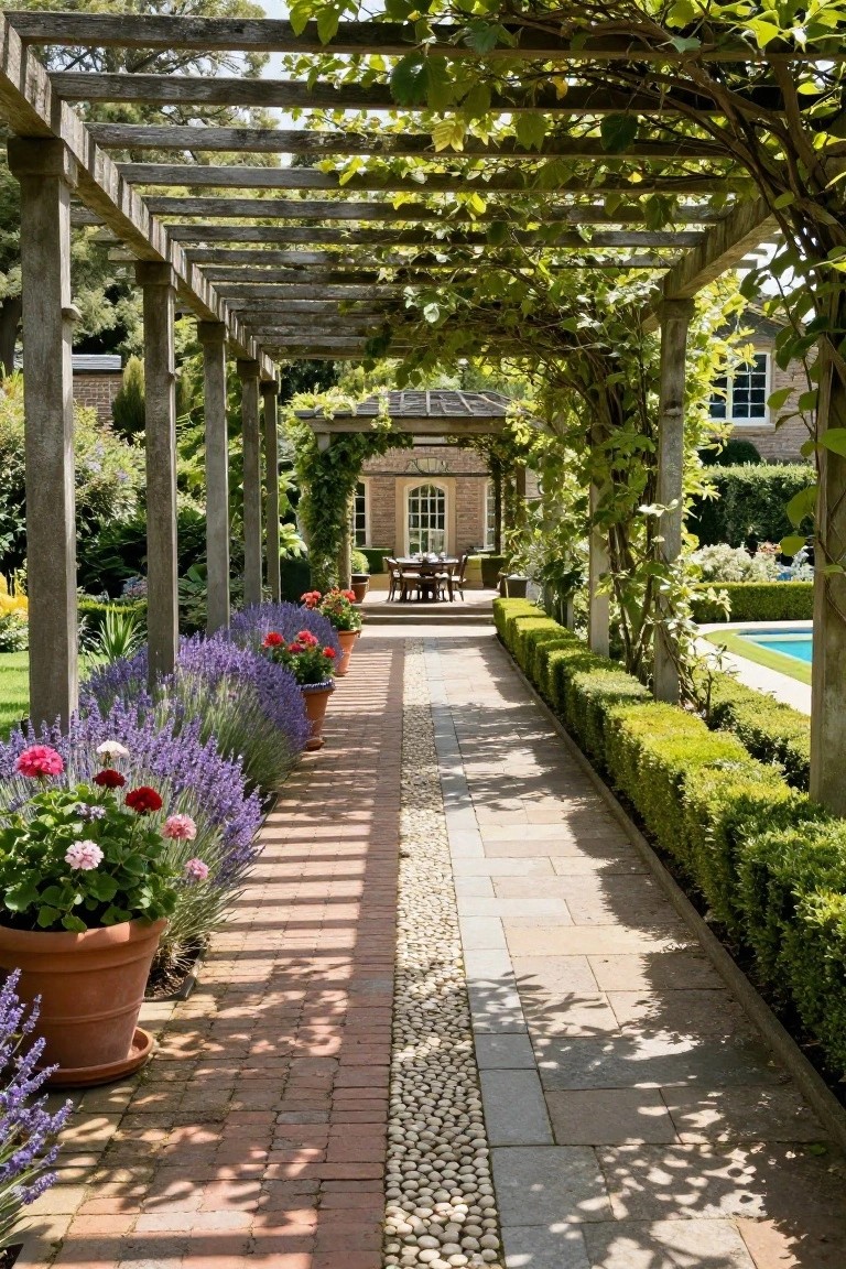 Wooden pergola covered in green grapevines arches over a central brick pathway edged with white pebbles and lined with lavender plants, geranium pots, and boxwood hedges, leading past a small pavilion to a pool.