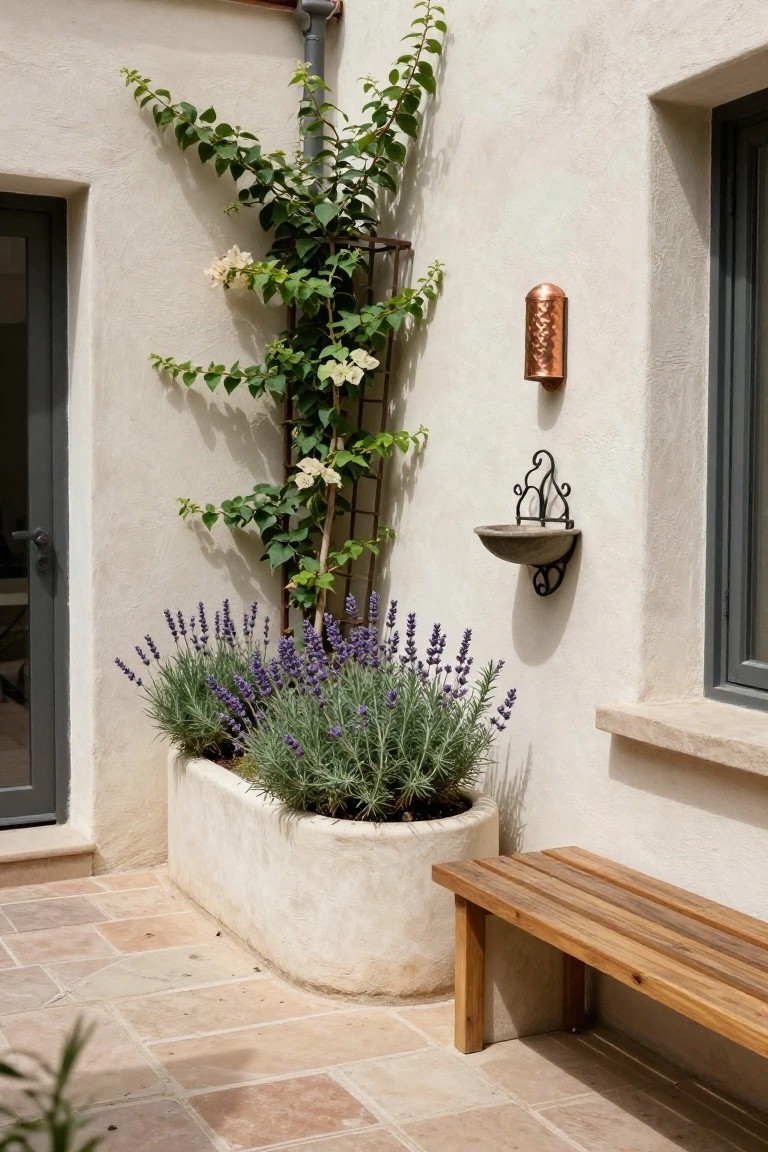 Wooden bench next to curved white planter box filled with lavender plants in a hacienda-style outdoor courtyard corner with climbing vine trellis, wall-mounted stone fountain with copper lantern, gray door and window on beige stucco walls, and terracotta tile floor.
