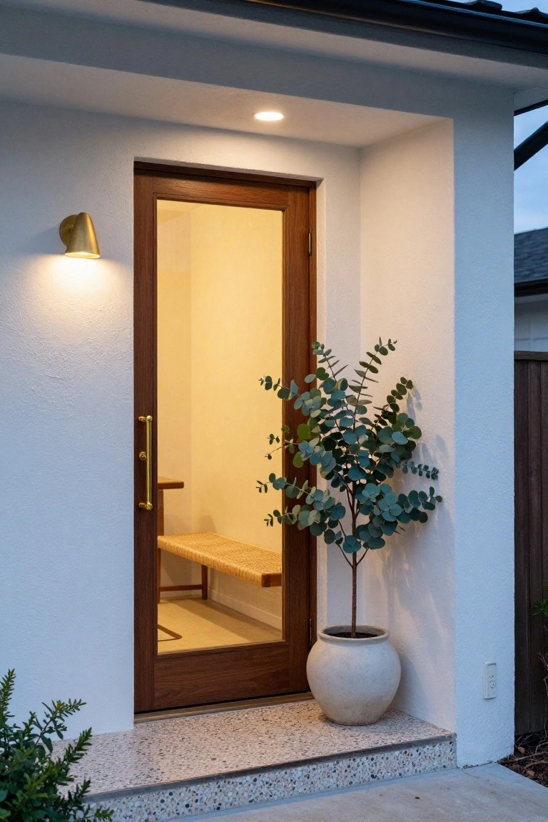 Front entry of a modern home with white stucco walls, recessed wooden door with glass panel and brass handle, brass wall sconce, woven bench in alcove, large potted eucalyptus plant in white pot, pebble aggregate step, and greenery nearby.