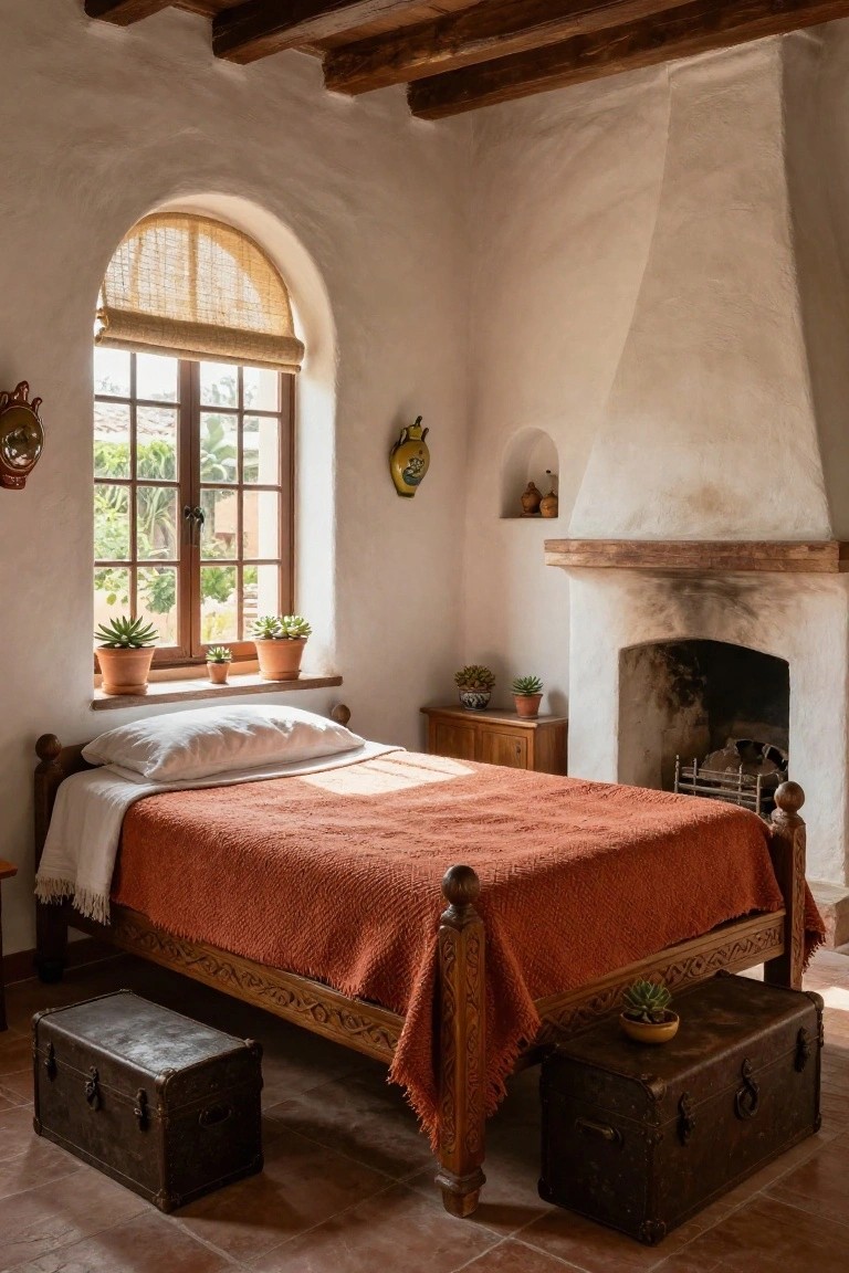 Spanish-style bedroom interior featuring white adobe walls, exposed wood beams, arched window with plants, wooden bed with orange woven blanket, two vintage metal-bound trunks at the foot of the bed, side table, and built-in fireplace.