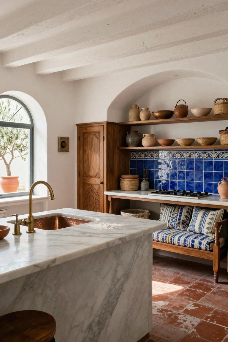 Kitchen interior with blue patterned tile backsplash above a gas cooktop, wooden cabinets, marble island countertop with copper sink, arched window, and built-in bench seating on terracotta tile floor.