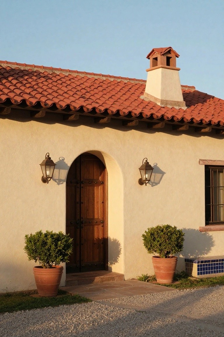 Stucco house with arched wooden door, red tile roof, and potted plants.