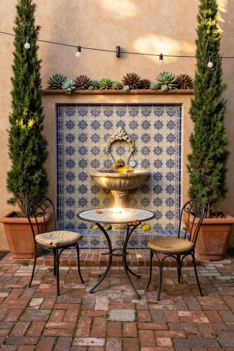 Spanish-tiled fountain with glowing string lights, chairs, succulents, and brick patio.