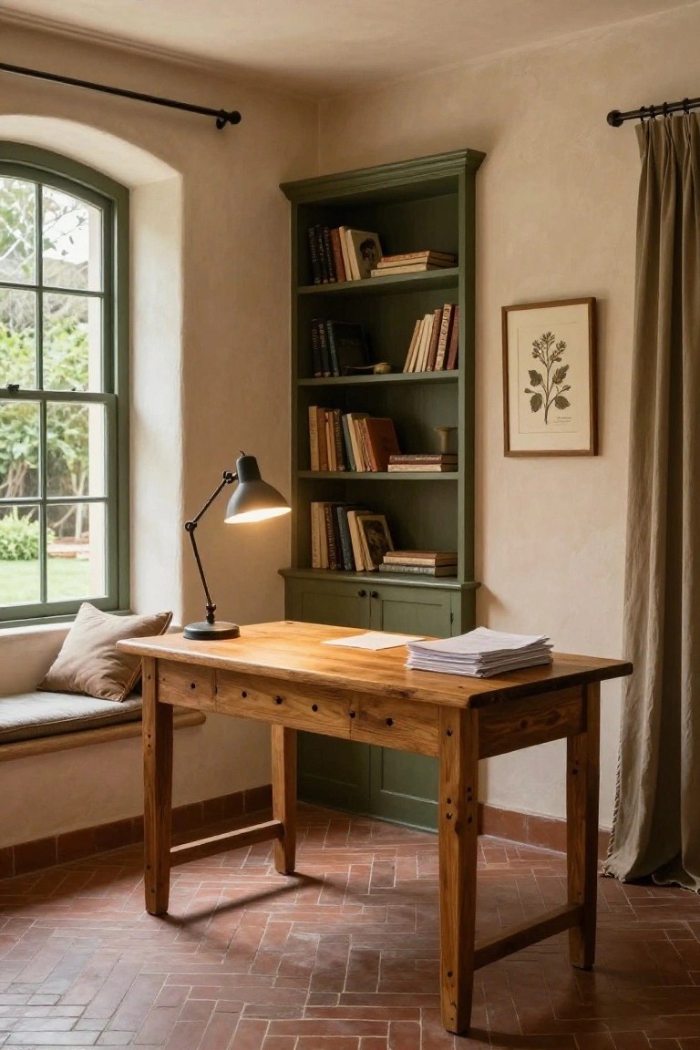 A rustic wooden desk with a green bookshelf and window seat in a cozy study.