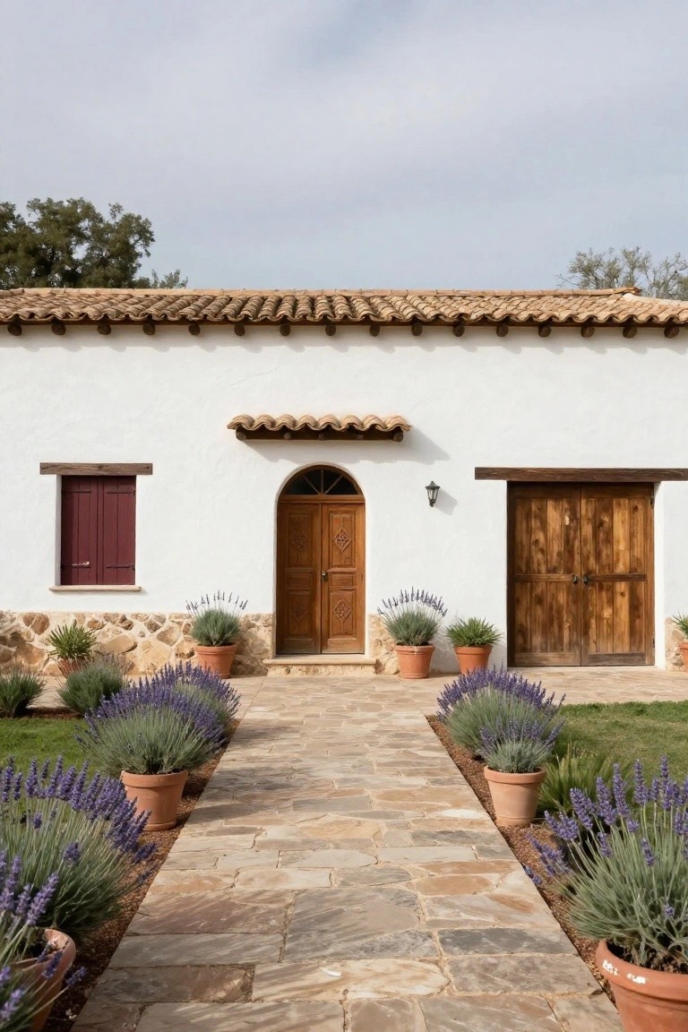 White stucco one-story house with terracotta tile roof, arched wooden front door, wooden garage doors, red shutters on a side window, and stone walkway lined with lavender in terracotta pots on both sides.
