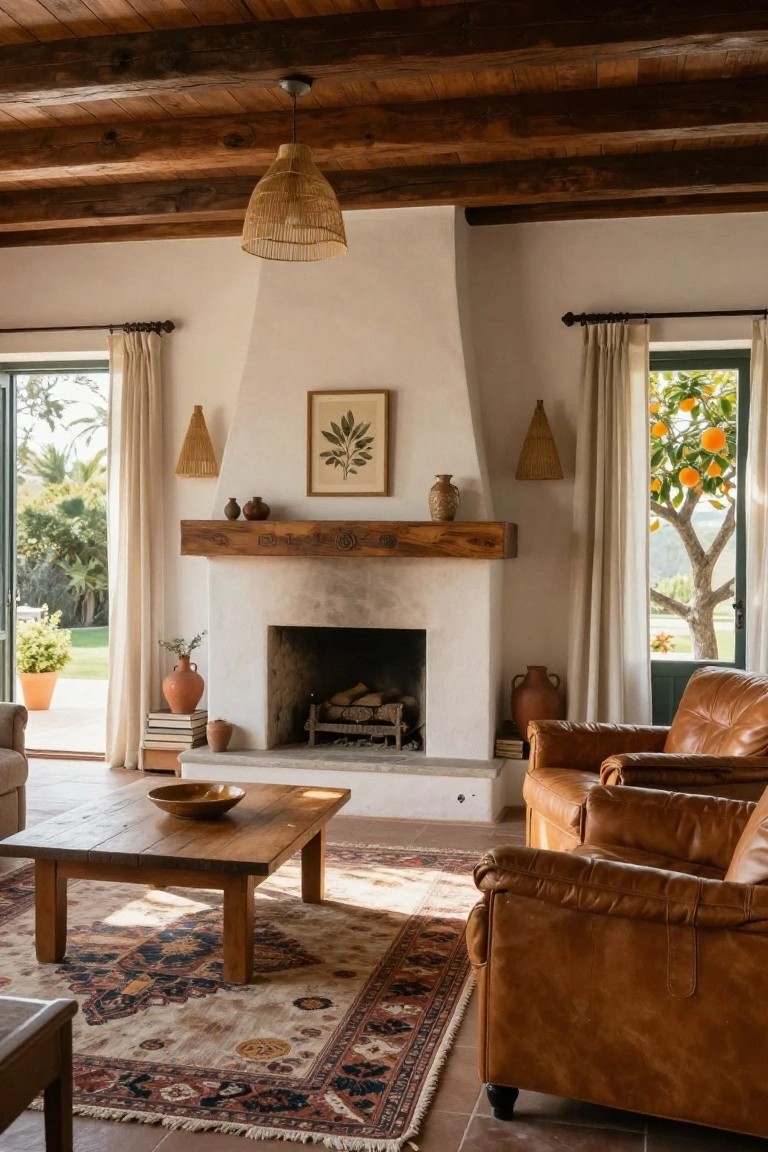 A cozy Spanish-style living room interior featuring exposed dark wooden ceiling beams, a white plaster fireplace with wood mantel, tan leather armchairs, a wooden coffee table on a patterned rug, terracotta floor tiles, and large open windows with views of palm trees and an orange tree.