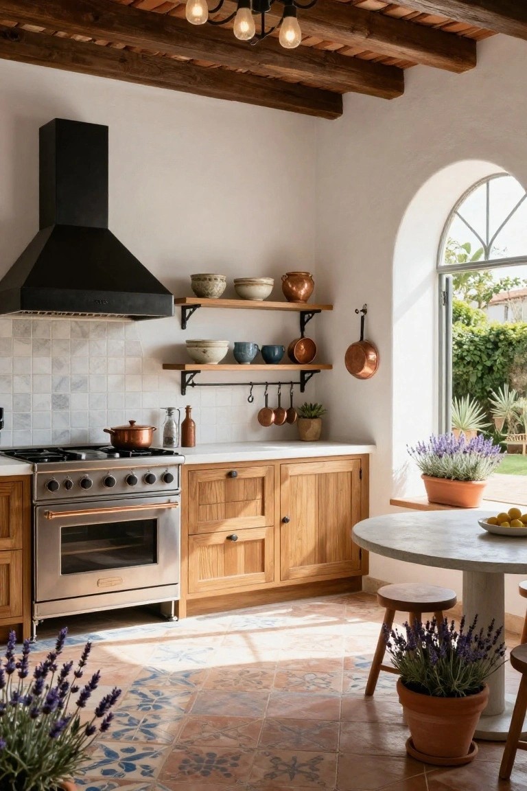 A cozy Spanish-style kitchen featuring exposed wooden ceiling beams, white walls with marble backsplash, warm wood cabinets, stainless steel range with black hood, copper pots on open shelves, and a round white table with stools near an arched window overlooking a lush garden.