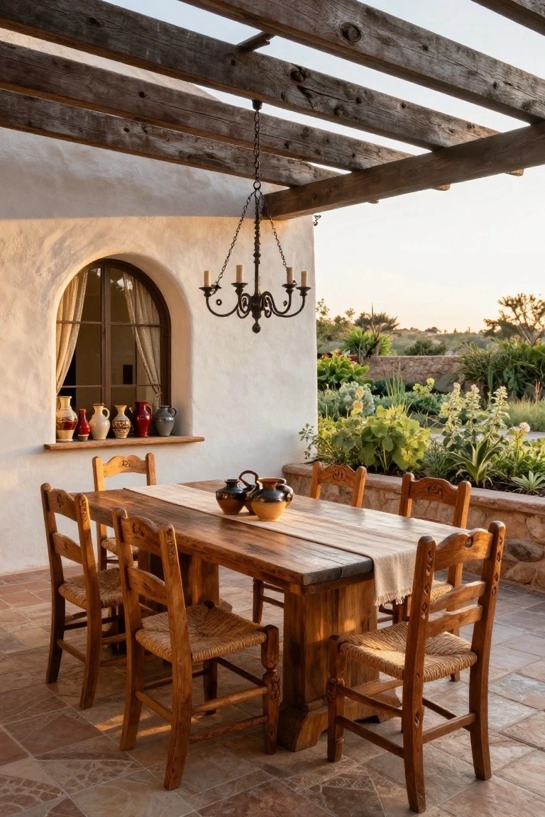 Rustic wooden dining table and six chairs on a terracotta-tiled outdoor patio under wooden beam pergola, with white stucco wall featuring arched window with vases and adjacent raised garden beds.