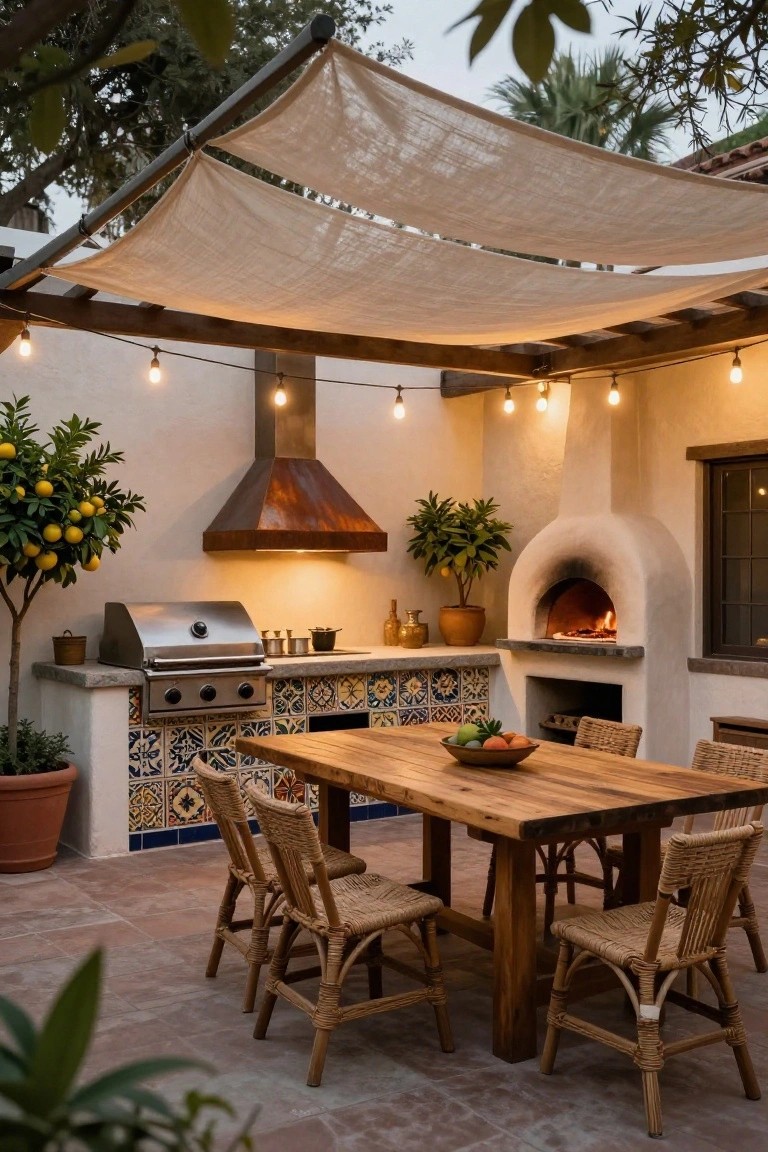 Shaded outdoor kitchen under pergola with beige fabric, string lights, stainless steel grill on colorful tiled counters, copper range hood, clay wood-fired pizza oven with pizza inside, wooden dining table with rattan chairs and fruit bowl, potted lemon trees on terracotta pavers.