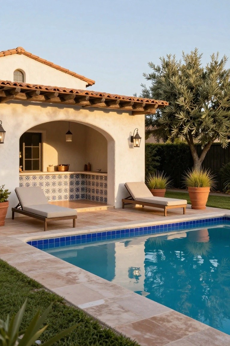 White stucco Spanish-style house with red tile roof and arched outdoor kitchen featuring blue and white tile backsplash, adjacent to blue-tiled pool with beige lounge chairs on travertine decking, potted plants, grasses, and olive tree in background.