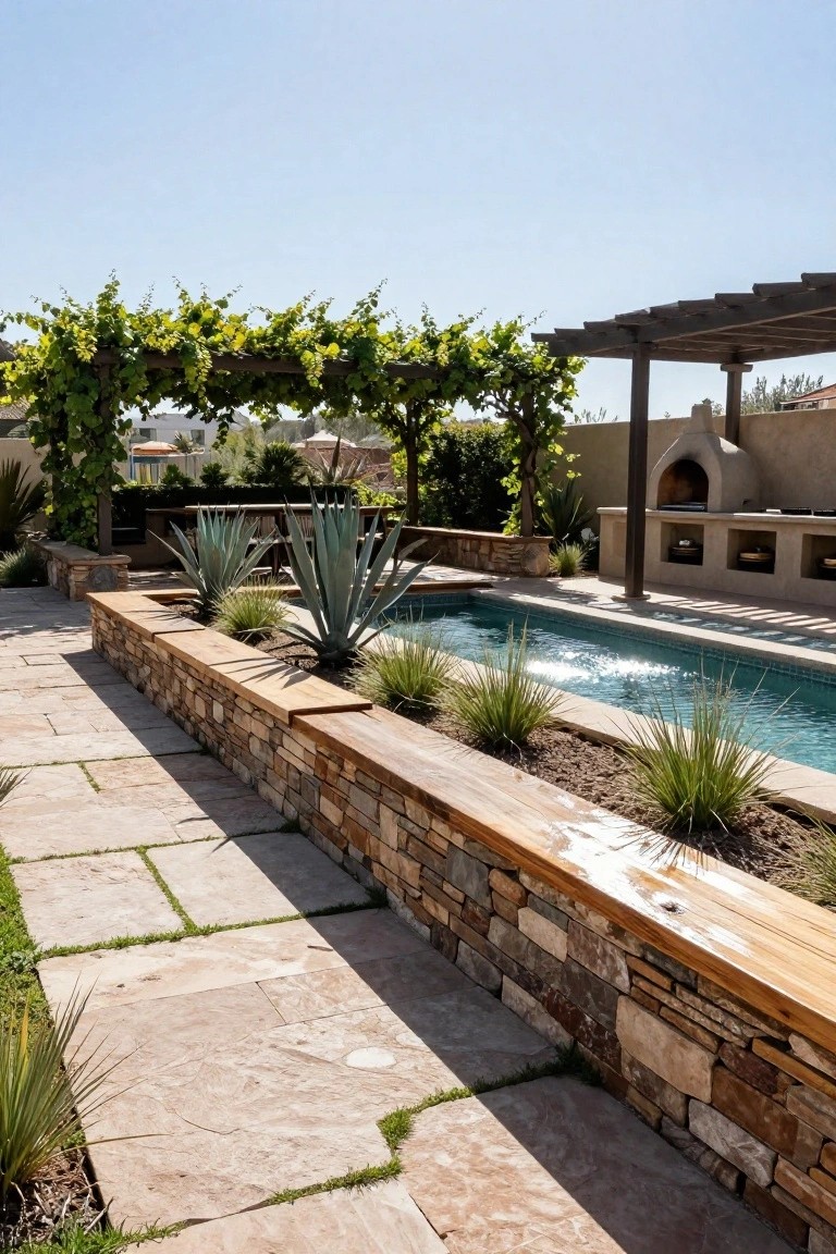 Narrow turquoise lap pool edged by a raised low stone wall with wooden top and planted agaves and grasses, next to a stone paver pathway leading to a vine-covered pergola and outdoor kitchen.