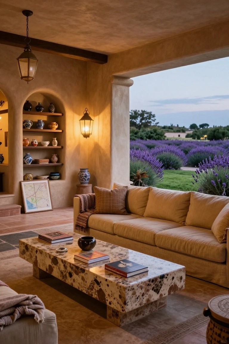 Covered terrace with beige sofa, stone coffee table holding books and bowl, built-in arched shelves displaying pottery, lanterns, and view of lavender fields through opening at dusk.