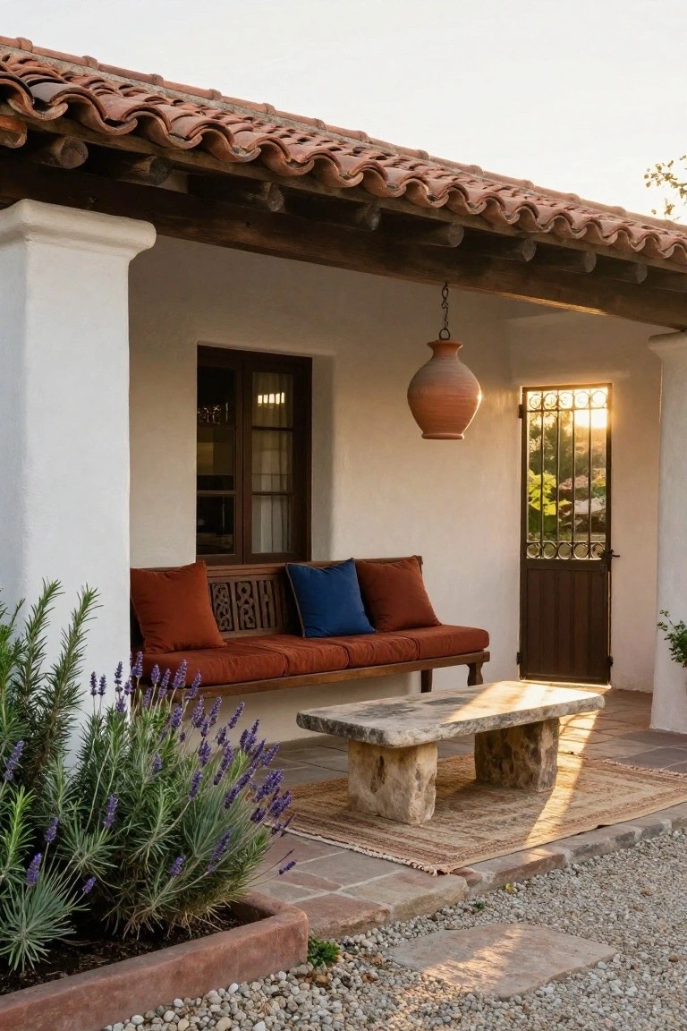 White stucco porch under red tile roof with wooden bench piled with orange and blue cushions, rough stone coffee table on woven rug, potted lavender and rosemary plants, hanging terracotta pot, and open wooden door with wrought iron gate.