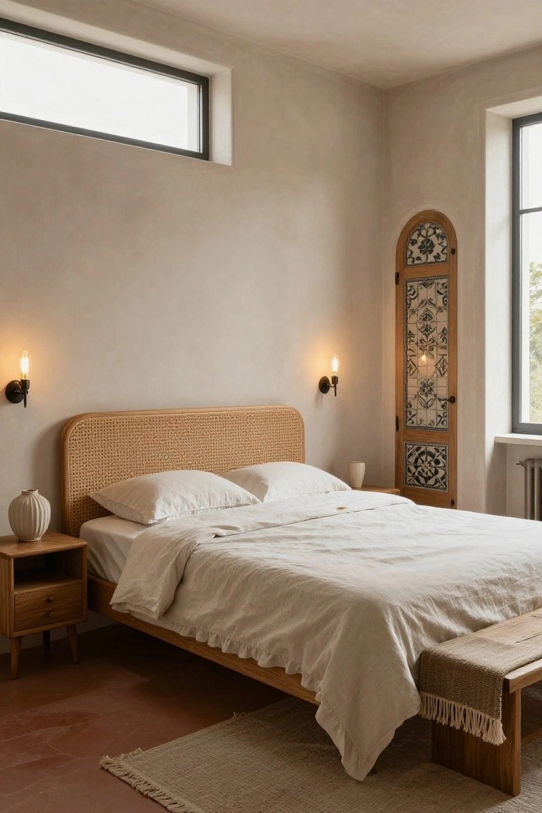 Minimalist bedroom with rattan headboard, linen bedding, and terracotta floor.