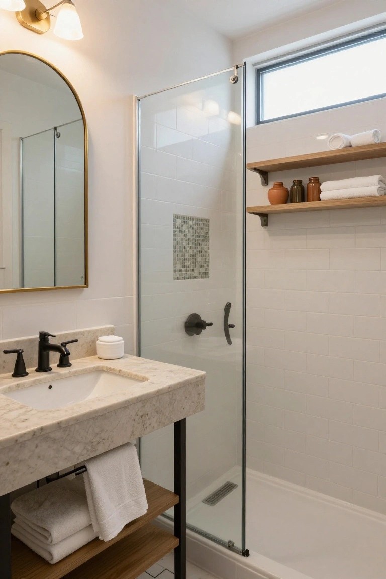Modern bathroom with white subway tile walls, clear glass shower enclosure, floating wood shelves holding white towels and ceramic pots, arched gold mirror, and light quartz vanity with black faucet and metal legs.
