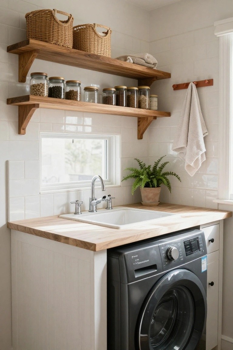 Laundry room with oak floating shelves on white subway tile wall holding glass jars of dried foods and wicker baskets, white farmhouse sink on wood countertop, potted fern nearby, hanging towels, and gray front-loading washer beside white cabinets.