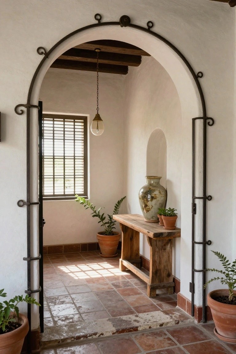 White stucco interior with arched wrought iron gate doorway, wooden console table topped with vase and plants, potted ferns, hanging bulb light, and terracotta tile floor.