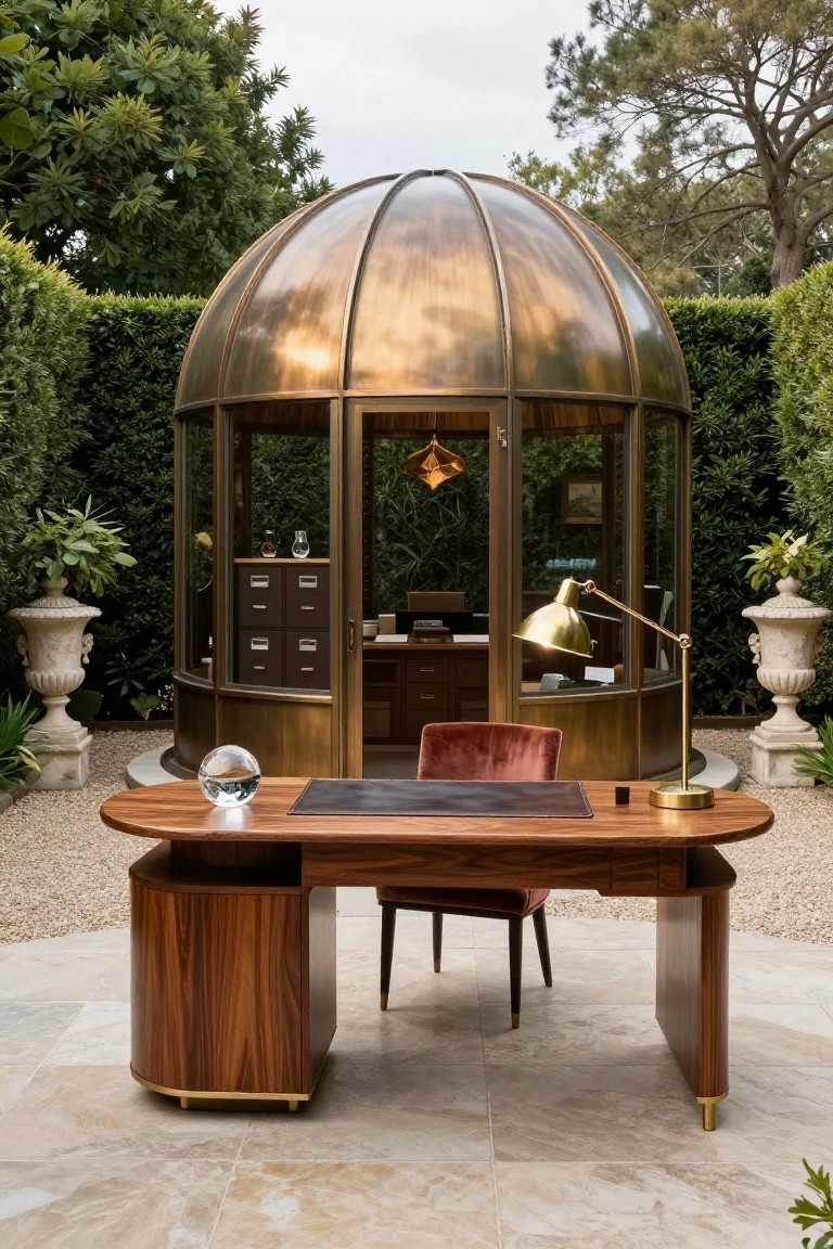 Brass geodesic dome structure with glass walls housing a wooden desk, red velvet chair, filing cabinets, and desk lamp, set on a stone patio surrounded by hedges, potted plants, and urns in a garden.