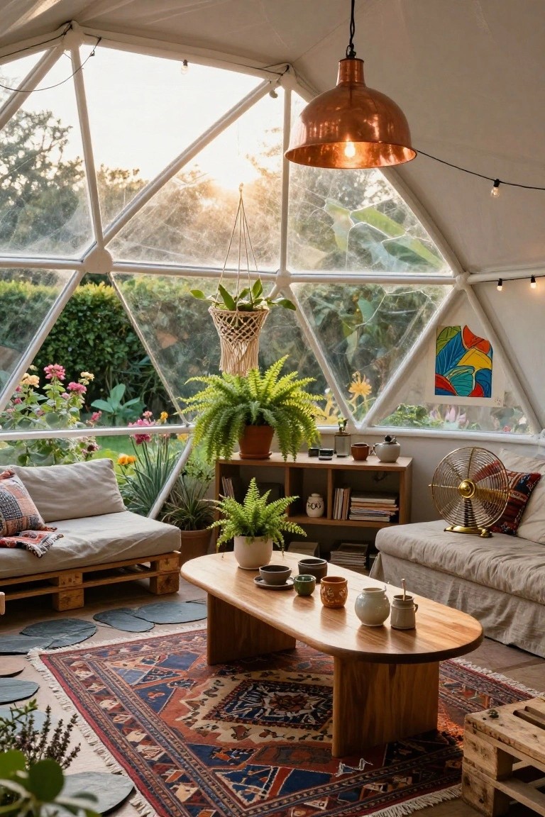 Geodesic dome interior with large triangular glass windows overlooking greenery, low pallet couch with cushions, oval wooden coffee table with teacups and pottery, potted plants, hanging macrame planter, copper pendant light, brass fan, bookshelf, and red-blue rug on floor.