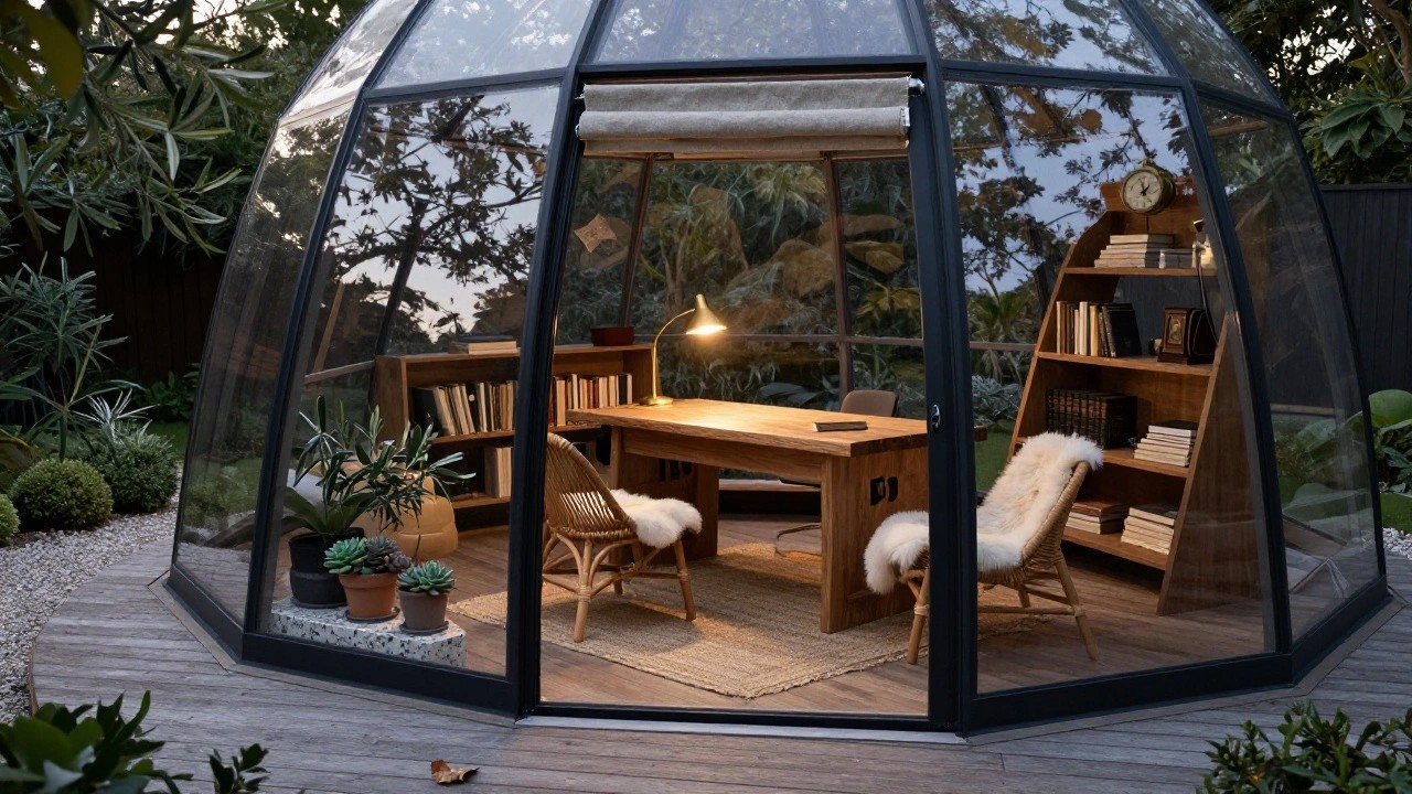 A hexagonal glass geodesic dome garden office containing a wooden desk, rattan chairs, bookshelves, plants, and lamps, situated on a wooden deck amid trees and garden plants.