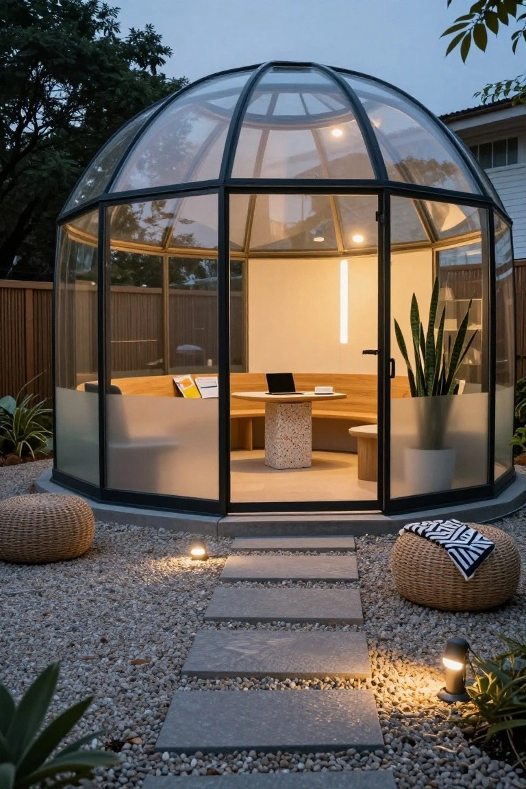 Octagonal geodesic dome garden office with black metal frames and glass panels, some frosted, curved wooden bench and table inside with laptop and plants, gravel yard with stone step path and ground lights at dusk.