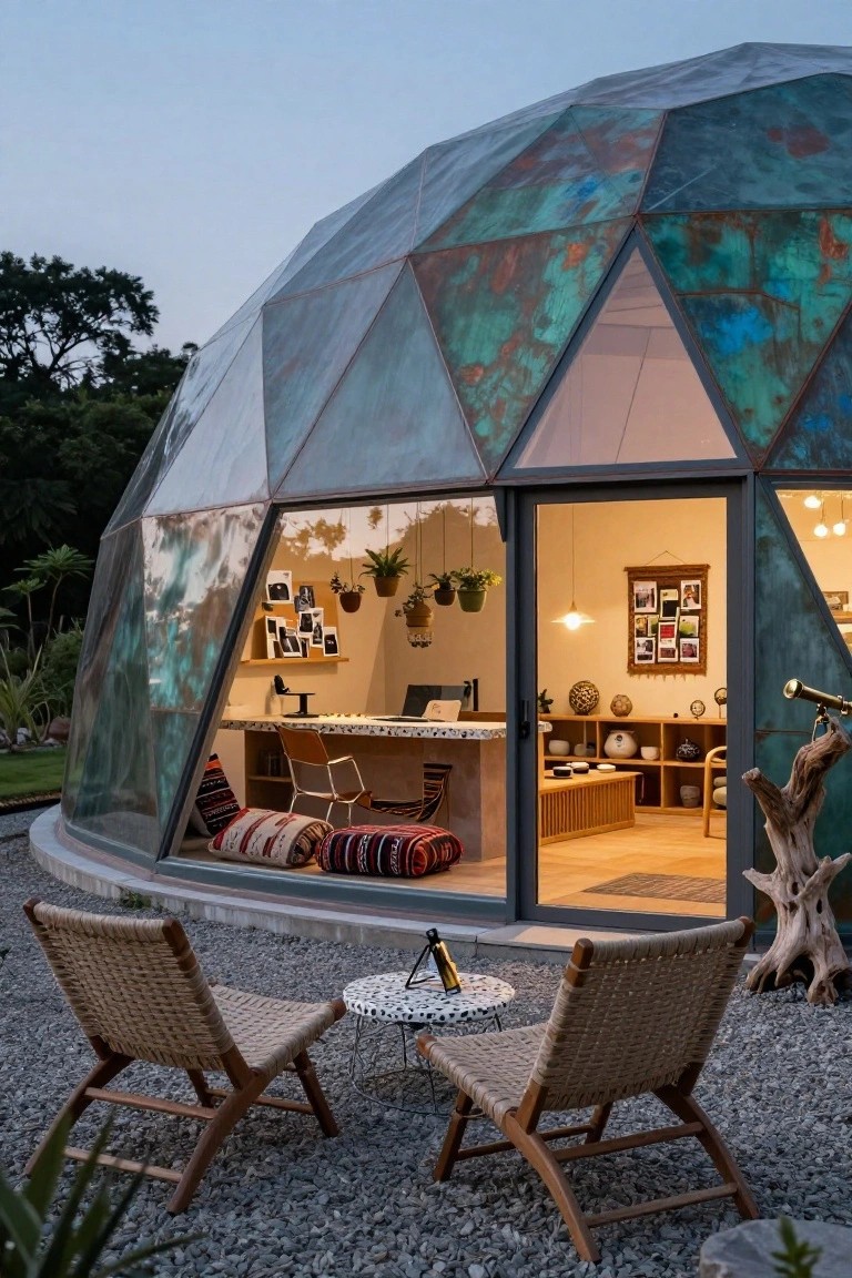 Geodesic dome structure with iridescent teal and copper patinated glass panels, open entry door showing interior office with desk and plants, two rattan chairs and small table on gravel patio, surrounded by trees and driftwood.
