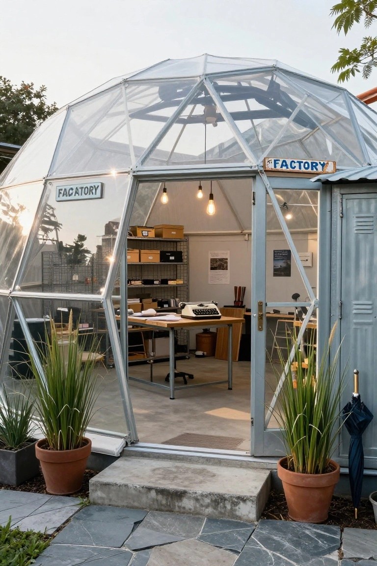 Transparent geodesic dome structure labeled "FACATORY" and "FACTORY" serving as a garden office, with open door showing interior desk, typewriter, shelves, and plants nearby on stone steps.