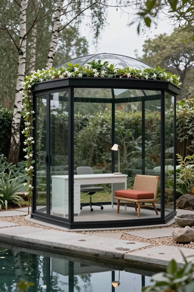 Octagonal black-framed glass pavilion with white desk, gray office chair, and orange woven chair inside, covered in vines and surrounded by plants on stone patio near a pool.
