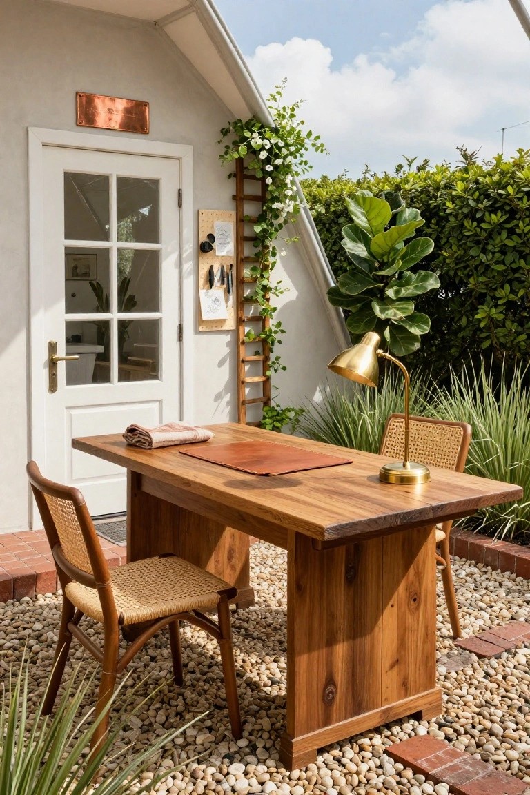 White exterior of a small garden office building with open glass door, wooden desk and rattan chairs on gravel patio surrounded by potted plants, climbing vines, and a brass lamp under a partly cloudy blue sky.