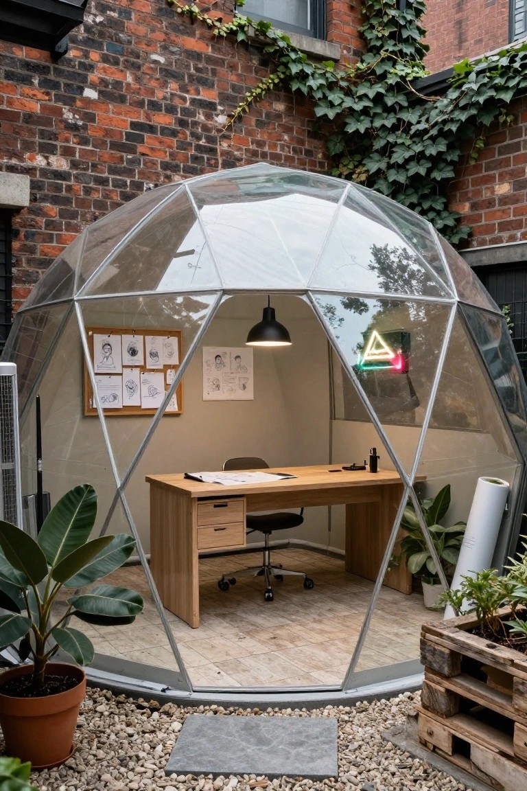 Transparent geodesic dome office with wooden desk, office chair, potted plants, corkboard of sketches, neon triangle sign, and hanging lamp, positioned outdoors next to ivy-covered brick wall and gravel ground.