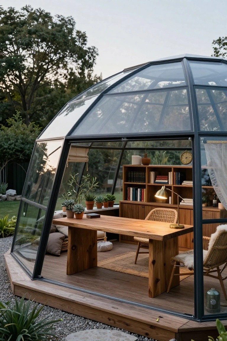 A hexagonal glass geodesic dome garden office containing a wooden desk, rattan chairs, bookshelves, plants, and lamps, situated on a wooden deck amid trees and garden plants.
