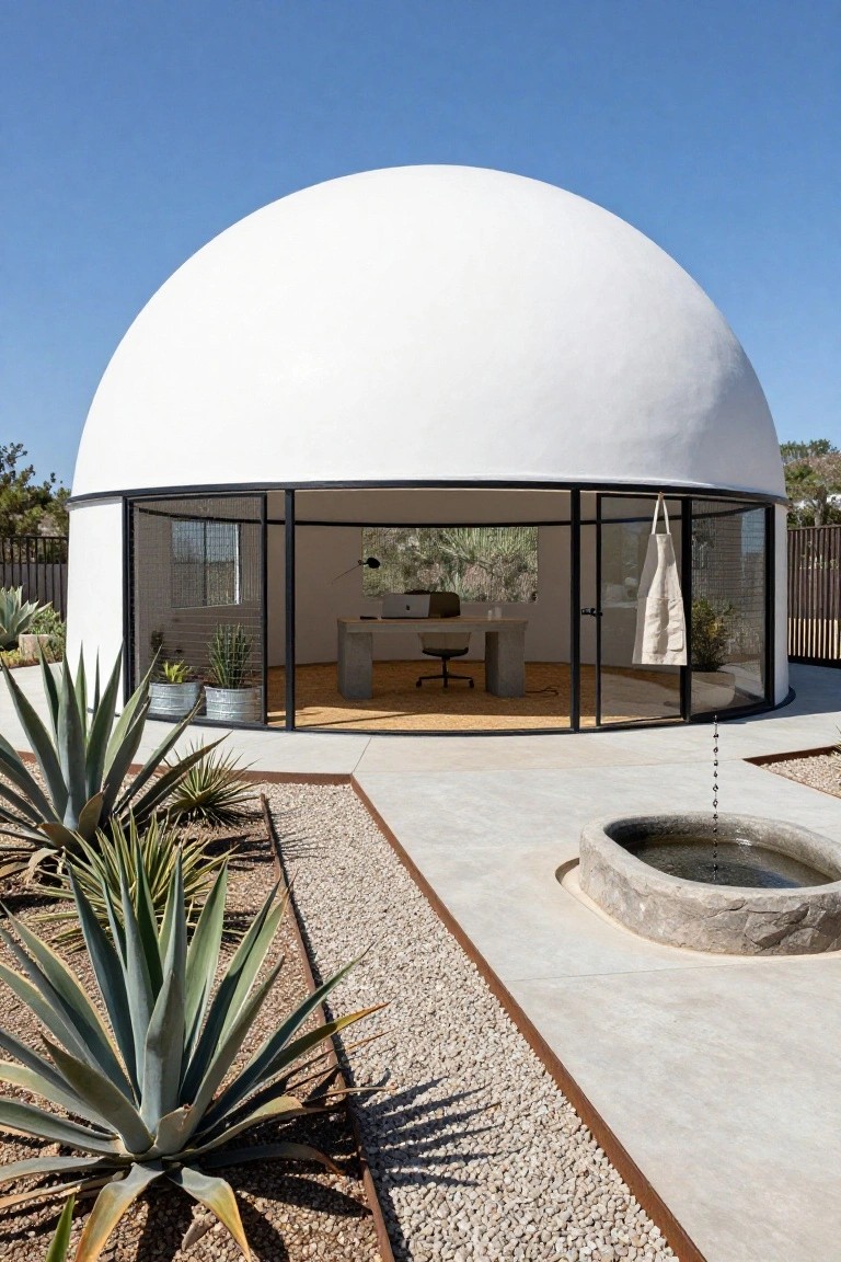White curved dome office building with glass walls enclosing a desk and chair, situated in a garden with agave plants, gravel paths, stone edging, and a circular stone fountain.