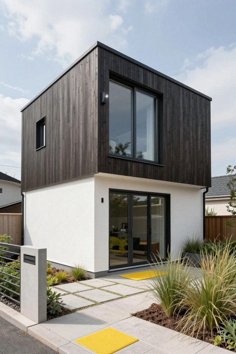 Compact two-story modern house with dark wood plank cladding on three sides, white rendered wall on entry side featuring large sliding glass doors, concrete pavers with yellow textured mats leading to entrance, and grasses along the front.