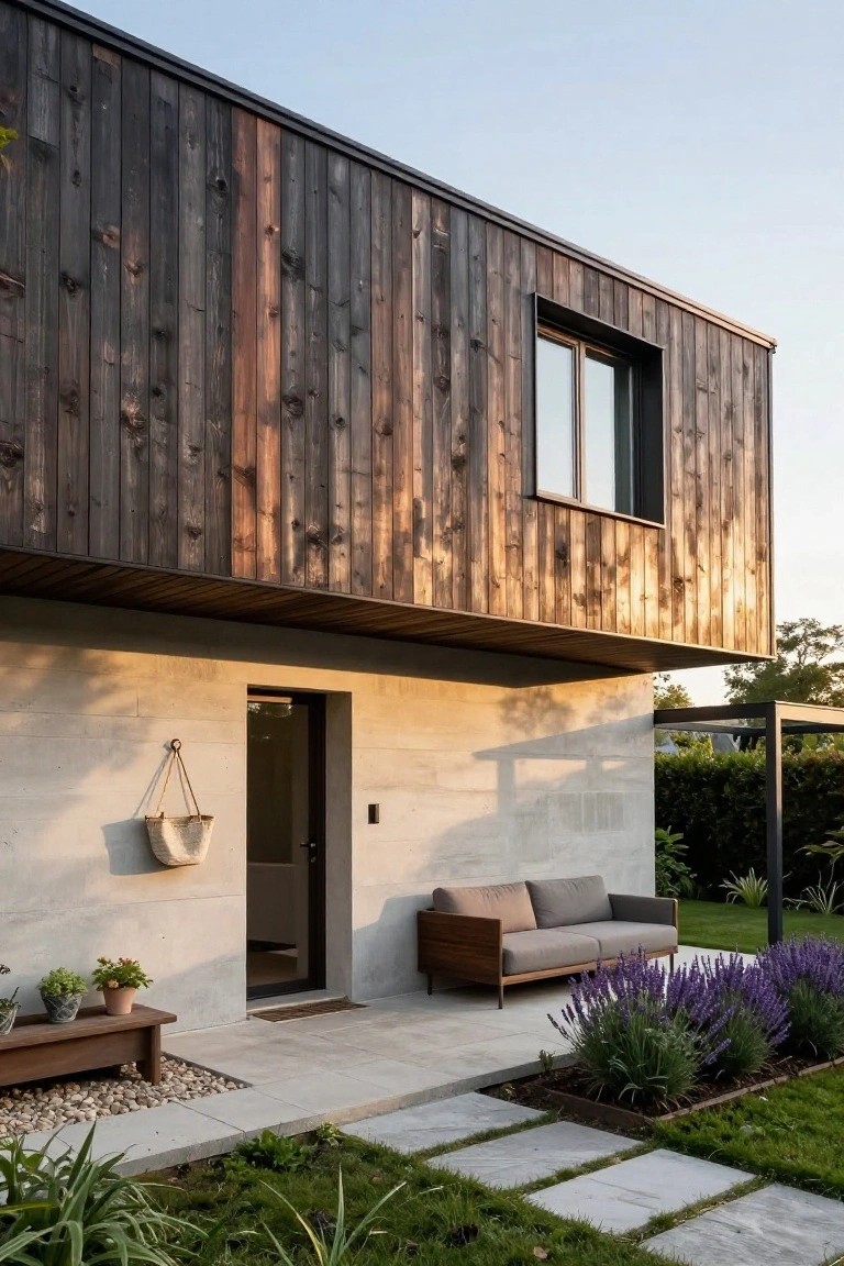 Corner view of a modern house exterior with dark vertical wood cladding on the upper section cantilevering over a light stucco entry wall, featuring a dark door, hanging basket, bench with plants, outdoor sofa, lavender beds, gravel, and paved paths.