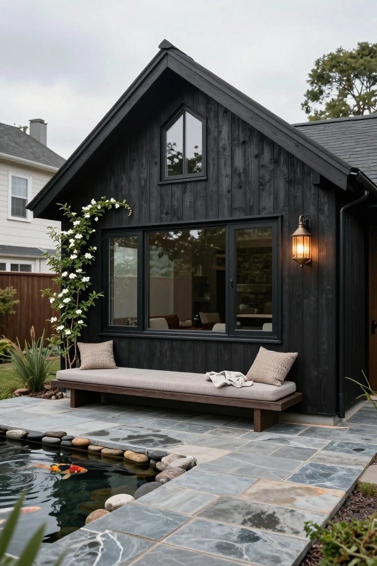 Small black wood-clad gabled building with triangular window, large triple window, climbing white roses, beige cushioned bench, wall lantern, and adjacent koi pond with stone edging on slate tile patio.