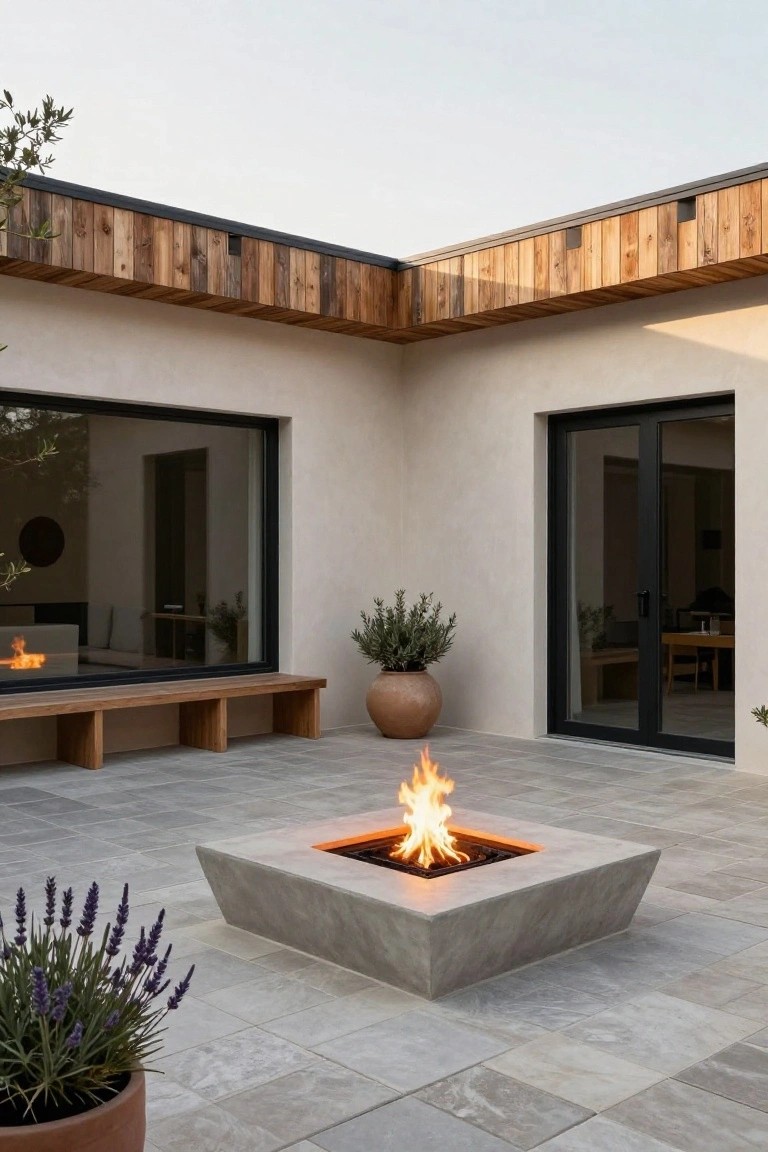 Outdoor patio with a square gray concrete fire pit containing flames, wooden bench seating, potted lavender and olive plants, terracotta pots, large glass windows and black sliding doors on a beige stucco house with wooden cladding above gray tiled flooring.