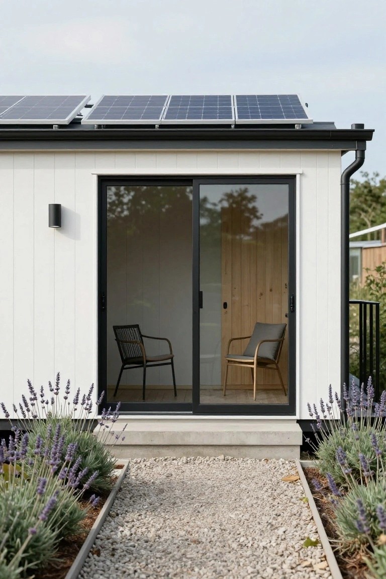 White panel-sided prefab cabin with black-framed sliding glass doors, solar panels on the roof, two chairs visible inside, gravel path bordered by lavender plants leading to the entrance.