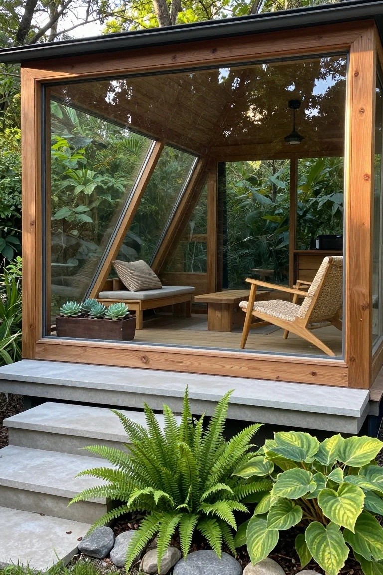 Wooden-framed A-frame pavilion with extensive glass walls and sloped roof containing a bench, chairs, low table, and potted succulents, accessed by concrete steps amid tropical plants, ferns, hostas, and rocks in a garden.