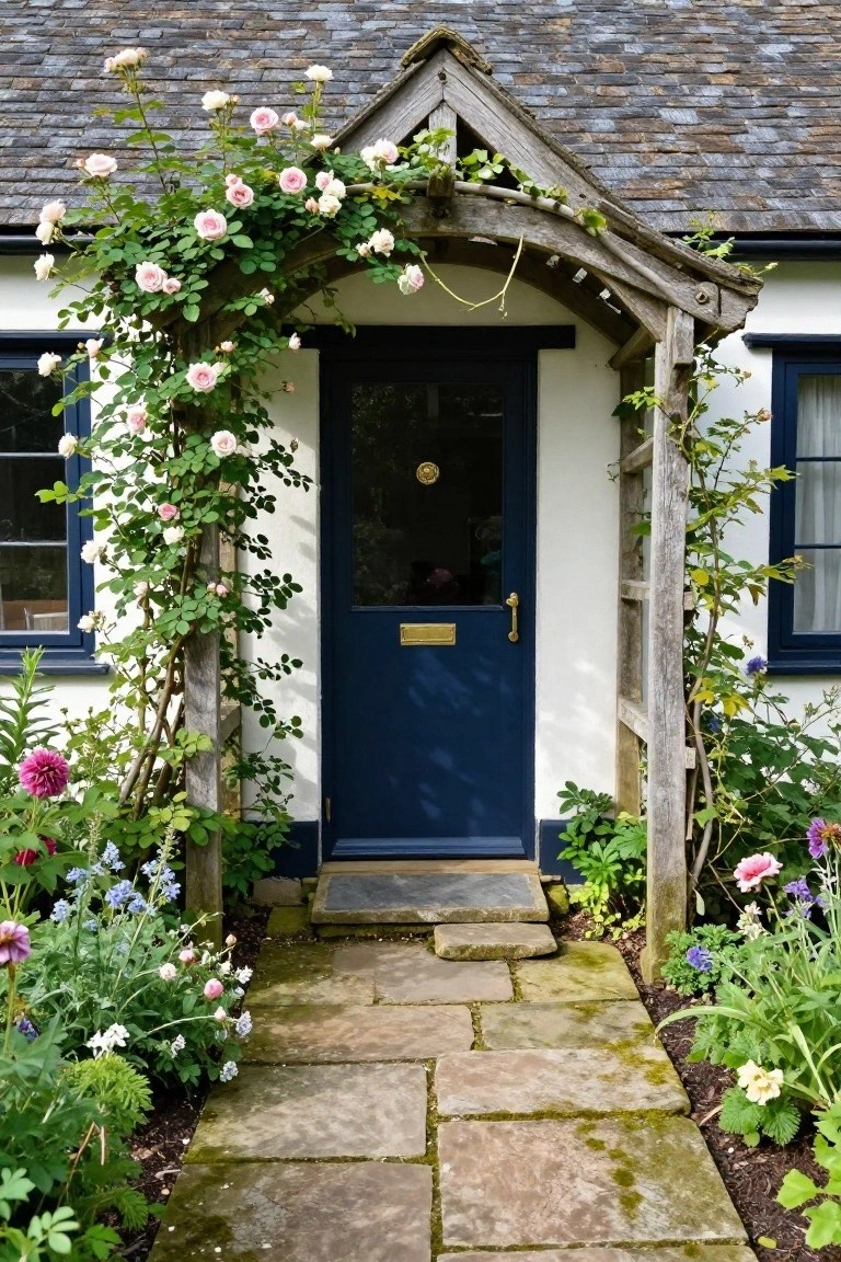 White cottage house exterior with navy blue front door under wooden arch covered in pink climbing roses, blue windows on sides, flower beds, and stone pathway leading up.