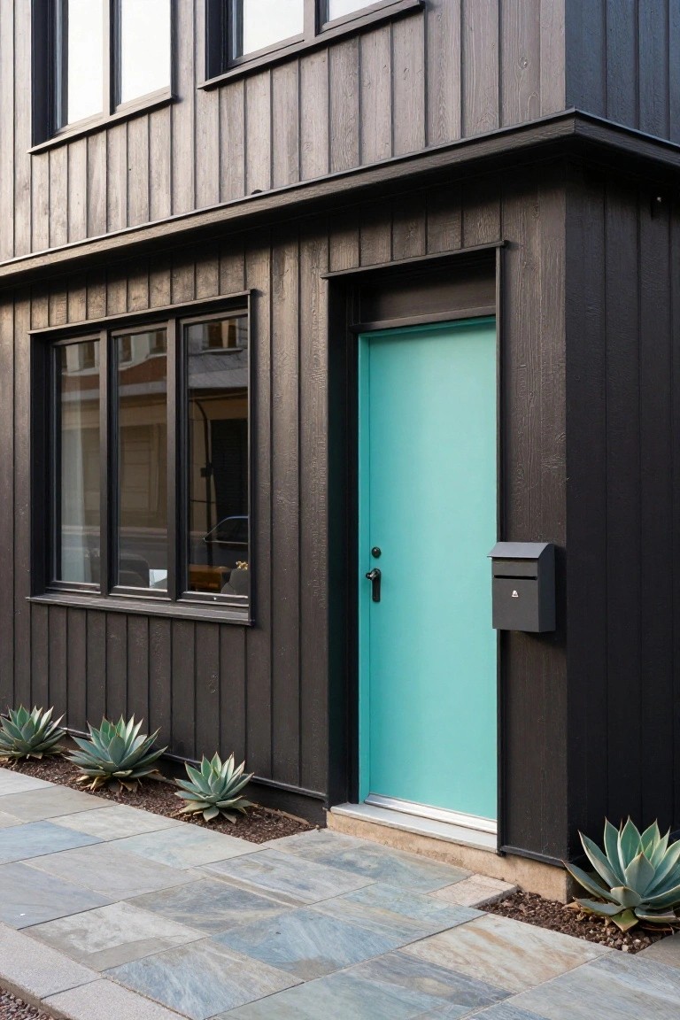 Close view of a house exterior corner with black horizontal wood siding, a turquoise front door with knob and adjacent mailbox, a triple-pane window, agave plants lining the base, and a slate tile pathway leading to the door.