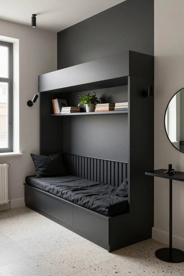 Tall black built-in cabinet with lower daybed section featuring black cushions and bedding, upper open shelves holding books and a potted plant, beside a window and round mirror in a pale room with terrazzo floor.